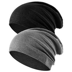 flintronic Beanie Mütze, 2 Stücke Slouch Beanie Mütze aus Baumwolle, Leicht und Weich Wintermütze, Elastische, für Herren und Damen - Schwarz & Dunkelgrau von flintronic