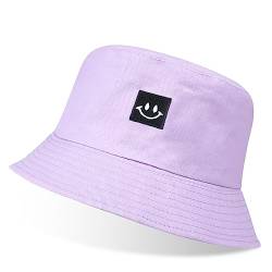 flintronic Fischerhut Bucket Hat, Unisex Baumwolle Smiling Face Hut, Faltbarer Fischerhüte, Outdoor Sommerhut Sonnenhut, Reversibel Freizeithut für Wandern Camping Reisen Angeln (Lila) von flintronic