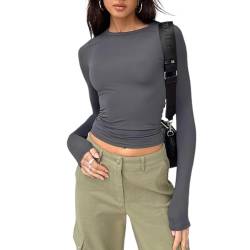 flintronic Langarmshirt Slim Fit Damen, Langarm Crop Top Y2K Slim, Tee Einfarbig Basic Crop Tops, Fit Oberteile Casual Rundhals von flintronic