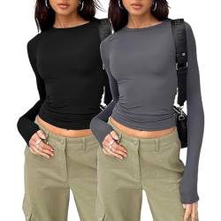 flintronic Langarmshirt Slim Fit Damen, Langarm Crop Top Y2K Slim, Tee Einfarbig Basic Crop Tops, Fit Oberteile Casual Rundhals von flintronic