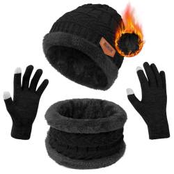 flintronic Wintermütze Schal Touchscreen Handschuhe Set, Fleece-Innenfutter Warm Beanie Mütze Schal Touchscreen Handschuhe Set, Elastische Mütze Runder Schal Handschuhe Set für Herren & Damen von flintronic