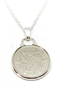 Cinch Anhänger 1931 Lucky Sixpence 87th Birthday plus Kette aus Sterling-Silber 925 45,7 cm von floral