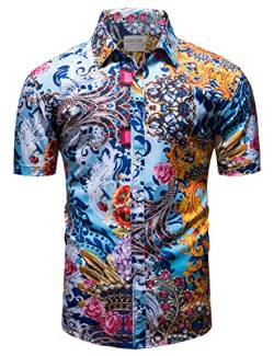 fohemr Herren Barock Hemd luxuriös Blumen Muster Shirt Kurzarm Button Down Paisley Hemd Freizeithemd Blau XX-Large von fohemr