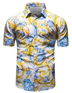 fohemr Herren Barock Hemd luxuriös Diamant Muster Shirt Kurzarm Button Down Paisley Hemd Freizeithemd Weiß Large von fohemr