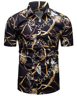 fohemr Herren Barock Hemd luxuriös Golden Kette Muster Shirt Kurzarm Button Down Paisley Hemd Freizeithemd Schwarz Medium von fohemr