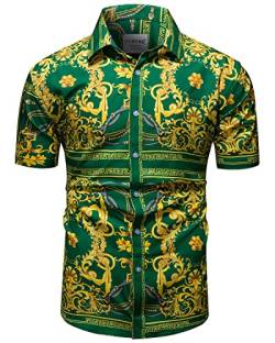 fohemr Herren Barock Hemd luxuriös Kette Muster Shirt Kurzarm Button Down Paisley Hemd Freizeithemd Grün 4X-Large von fohemr