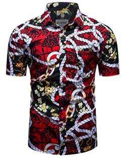 fohemr Herren Barock Hemd luxuriös Kette Muster Shirt Kurzarm Button Down Paisley Hemd Freizeithemd Rot 4X-Large von fohemr
