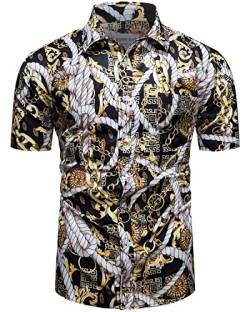 fohemr Herren Barock Hemd luxuriös Kette Muster Shirt Kurzarm Button Down Paisley Hemd Freizeithemd Schwarz 3X-Large von fohemr