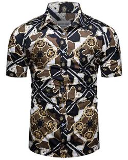 fohemr Herren Barock Hemd luxuriös Kette Muster Shirt Kurzarm Button Down Paisley Hemd Freizeithemd Schwarz Medium von fohemr