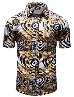 fohemr Herren Barock Hemd luxuriös Kette Muster Shirt Kurzarm Button Down Paisley Hemd Freizeithemd Weiß 3X-Large von fohemr