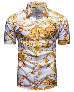 fohemr Herren Barock Hemd luxuriös Kette Muster Shirt Kurzarm Button Down Paisley Hemd Freizeithemd Weiß 4X-Large von fohemr