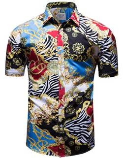 fohemr Herren Barock Hemd luxuriös Patchwork Shirt Kurzarm Button Down Paisley Hemd Freizeithemd Blau X-Large von fohemr