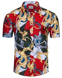 fohemr Herren Barock Hemd luxuriös Patchwork Shirt Kurzarm Button Down Paisley Hemd Freizeithemd Golden 4X-Large von fohemr