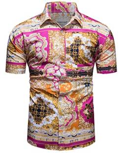 fohemr Herren Barock Hemd luxuriös Patchwork Shirt Kurzarm Button Down Paisley Hemd Freizeithemd Rot X-Large von fohemr