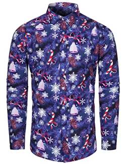 fohemr Herren Christmas Shirt Weihnachtshemd Button-Down Langarm Freizeithemd Slim Fit Hemd Glocke Schneeflocke Muster Lila Large von fohemr