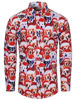 fohemr Herren Christmas Shirt Weihnachtshemd Button-Down Langarm Freizeithemd Slim Fit Hemd Hund mit Weihnachtsmütze Muster Rot Large von fohemr