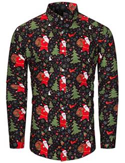 fohemr Herren Christmas Shirt Weihnachtshemd Button-Down Langarm Freizeithemd Slim Fit Hemd Weihnachtsbaum Weihnachtsmann Muster Schwarz X-Large von fohemr