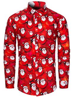 fohemr Herren Christmas Shirt Weihnachtshemd Button-Down Langarm Freizeithemd Slim Fit Hemd Weihnachtsmann Muster Rot 3X-Large von fohemr