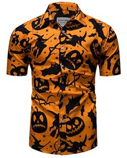 fohemr Herren Halloween Hemd Kurzarm Slim Fit Freizeithemd Kürbis Fledermaus Hexe Muster Lustig Funky Hemden Hawaii Shirt Orange Medium von fohemr