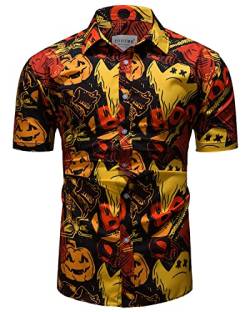 fohemr Herren Halloween Hemd Kurzarm Slim Fit Freizeithemd Kürbis Geist Muster Lustig Funky Hemden Hawaii Shirt Rot Large von fohemr