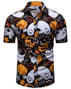 fohemr Herren Halloween Hemd Kurzarm Slim Fit Freizeithemd Kürbis Geist Muster Lustig Funky Hemden Hawaii Shirt Schwarz Large von fohemr