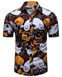 fohemr Herren Halloween Hemd Kurzarm Slim Fit Freizeithemd Kürbis Geist Muster Lustig Funky Hemden Hawaii Shirt Schwarz Medium von fohemr