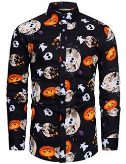 fohemr Herren Halloween Hemd Langärm Slim Fit Freizeithemd Fledermaus Kürbis Geist Muster Lustig Funky Hemden Schwarz Small von fohemr