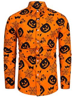 fohemr Herren Halloween Hemd Langärm Slim Fit Freizeithemd Kürbis Fledermaus Spinnennetz Muster Lustig Funky Hemden Lila Orange Small von fohemr