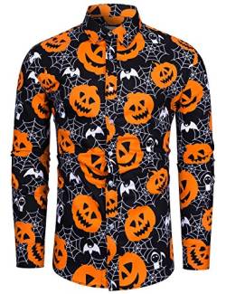 fohemr Herren Halloween Hemd Langärm Slim Fit Freizeithemd Kürbis Fledermaus Spinnennetz Muster Lustig Funky Hemden Lila Schwarz Large von fohemr