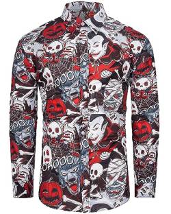 fohemr Herren Halloween Hemd Langärm Slim Fit Freizeithemd Kürbis Skelettkopf Spinne Muster Lustig Funky Hemden Casualshirts Urlaub rot XX-Large von fohemr