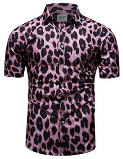 fohemr Herren Leopard Hemd Kurzarm Button down Tiger Tier Muster Freizeithemd Sommerhemd Rosa 3X-Large von fohemr