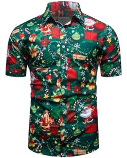 fohemr Herren Weihnachten Festival Barock Hemd Knöpfe Weihnachtsmann Bäume Gedruckt Kurze Ärmel Party Shirt Grün Large von fohemr