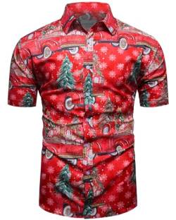 fohemr Herren Weihnachten Festival Barock Hemd Knöpfe Weihnachtsmann Gedruckt Kurze Ärmel Party Shirt Rot X-Large von fohemr