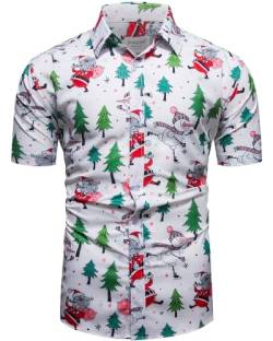 fohemr Herren Weihnachten Festival Barock Hemd Knöpfe Weihnachtsmann Schneemann Gedruckt Kurze Ärmel Party Shirt Weiß Medium von fohemr