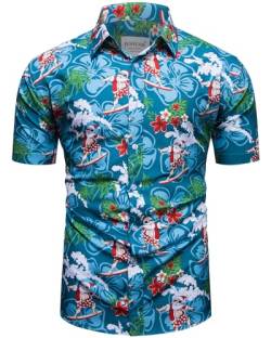 fohemr Herren Weihnachten Festival Barock Hemd Knöpfe Weihnachtsmann Surfen Gedruckt Kurze Ärmel Party Shirt Blau Small von fohemr