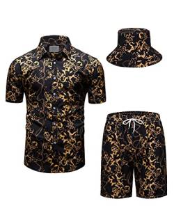 fohemr Herren barock 2-Teiliges Outfit Gold Chain Muster Schwarz Hemd shorts mit Eimerhut Freizeitanzug Sommer Urlaub Strand set Large von fohemr