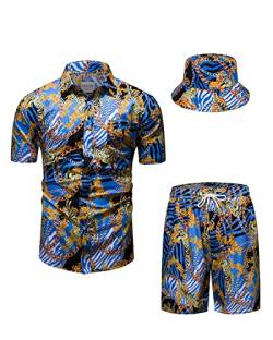 fohemr Herren barock 2-Teiliges Outfit Golden Chain Muster Blau Hemd shorts mit Eimerhut Freizeitanzug Sommer Urlaub Strand set Large von fohemr