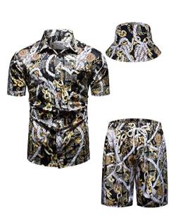 fohemr Herren barock 2-Teiliges Outfit Golden Chain Muster Schwarz Hemd shorts mit Eimerhut Freizeitanzug Sommer Urlaub Strand set Medium von fohemr