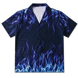 fpengfashion Herren Harajuku Flamme Grafik Button Down Hemd für Frauen Jugendliche Hip Hop Slim Fit Vintage Hawaii T-Shirt Gr. X-Large, Dunkelblau von fpengfashion