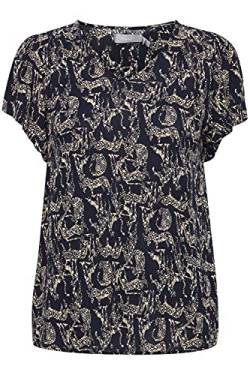 fransa FRALCRINKLE Damen Shirt Bluse Kurzarm Rundhalsausschnitt Kurze Ärmel mit Raffung Allover-Print, Größe:M, Farbe:Navy Blazer Mix (200119) von fransa