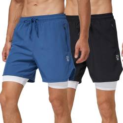 frueo 2er Pack Herren Sport Shorts Laufshorts Schnell Trocknend Sporthose Herren Kurze 2 in 1 Trainingsshorts Leicht mit ReiBverschlusstasche(0609)-Black Blue-M von frueo