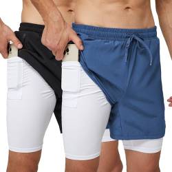 frueo 2er Pack Herren Sport Shorts Laufshorts Schnell Trocknend Sporthose Herren Kurze 2 in 1 Trainingsshorts Leicht mit ReiBverschlusstasche(0609)-Black Blue-S von frueo