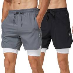 frueo 2er Pack Herren Sport Shorts Laufshorts Schnell Trocknend Sporthose Herren Kurze 2 in 1 Trainingsshorts Leicht mit ReiBverschlusstasche(0609)-Black Grey-2XL von frueo