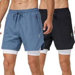 frueo 2er Pack Herren Sport Shorts Laufshorts Schnell Trocknend Sporthose Herren Kurze 2 in 1 Trainingsshorts Leicht mit ReiBverschlusstasche(0609)-Black Hazeblue-2XL von frueo