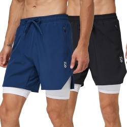 frueo 2er Pack Herren 2 in 1 Shorts Atmungsaktiv Sporthose Herren Kurz Schnelltrocknende Running-Sports Einfach Komfortabel mit Taschen Gym Shorts Männer(0609)-Black Navy-L von frueo