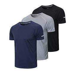 frueo Herren 3er-Pack Workout-Shirts Dry Fit Feuchtigkeitstransport Kurzarm Mesh Athletic T-Shirts, 0520 Schwarz Grau Marineblau, Klein von frueo