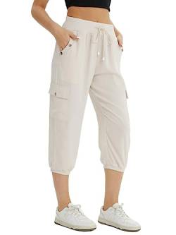 fuinloth 3/4 Hose Damen Caprihose Sommer Frauen Leicht Locker Dreiviertel Knielange Hosen mit 4 Seitentaschen Beige M 36-38 von fuinloth