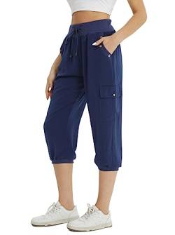 fuinloth 3/4 Hose Damen Caprihose Sommer Frauen Leicht Locker Dreiviertel Knielange Hosen mit 4 Seitentaschen Blau L 38-40 von fuinloth