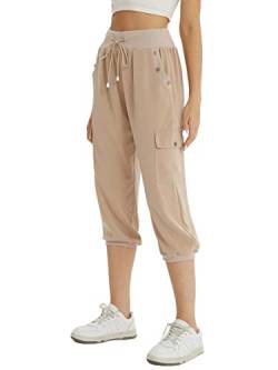 fuinloth 3/4 Hose Damen Caprihose Sommer Frauen Leicht Locker Dreiviertel Knielange Hosen mit 4 Seitentaschen Gelb S 34-36 von fuinloth