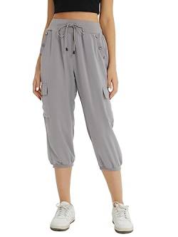 fuinloth 3/4 Hose Damen Caprihose Sommer Frauen Leicht Locker Dreiviertel Knielange Hosen mit 4 Seitentaschen Grau M 36-38 von fuinloth